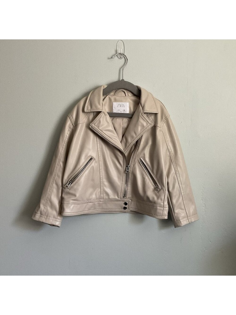 Zara Kids Cream Off White Faux Leather Biker Motorcycle Jacket Kids Size‎ 6
